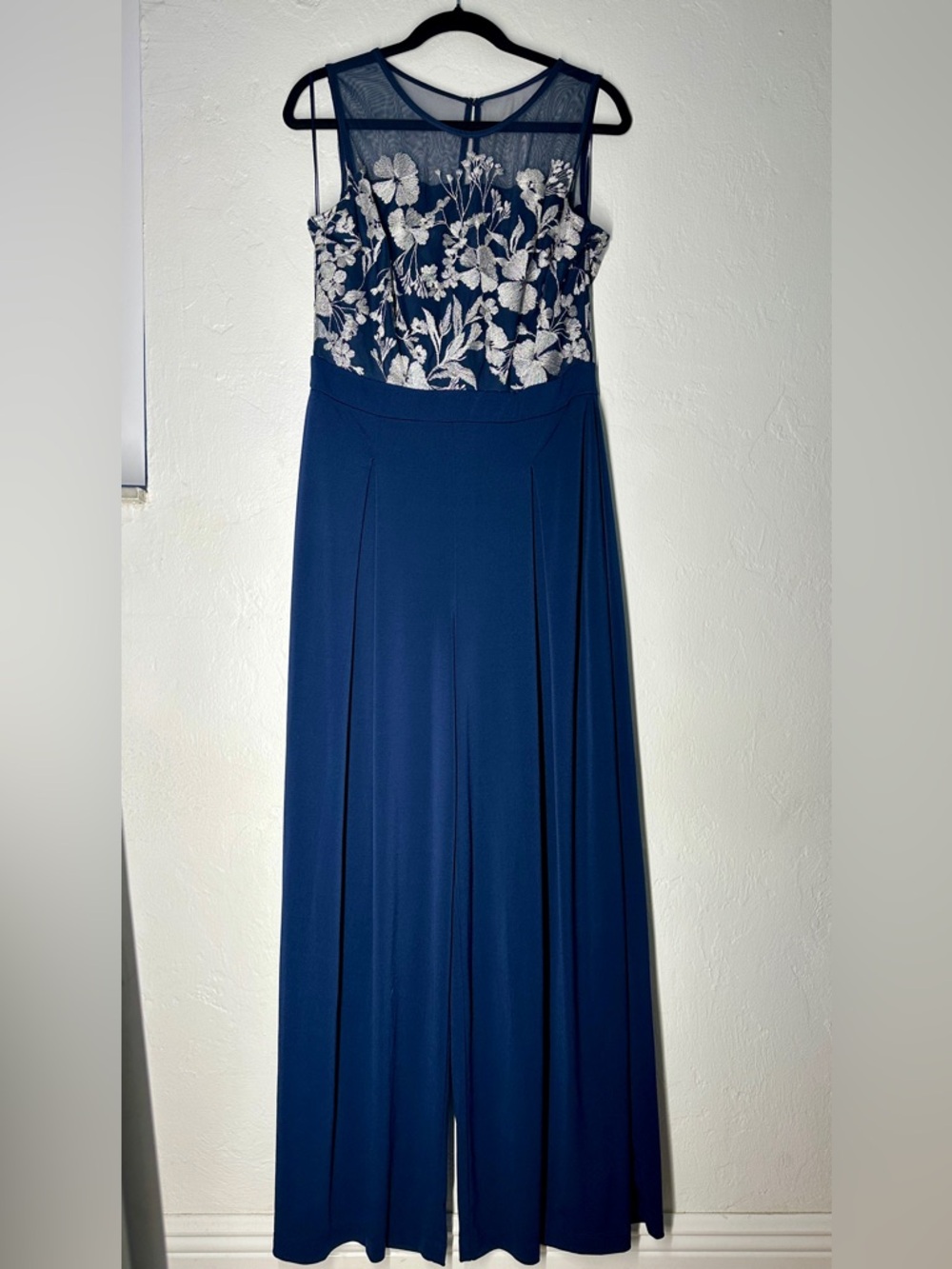 Glamour by Gabriella Skye Blue Embroidered Mesh Wide Leg Jumpsuit Size 10